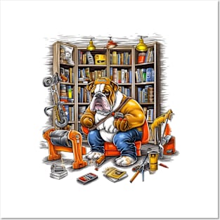 A Carpenter English Bulldog with a measuring tape and drill, installing shelves in a cozy home library Posters and Art